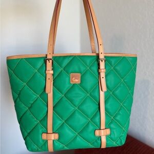 Dooney & Bourke Nylon Leather Green Quilted Tote with Tan Trim